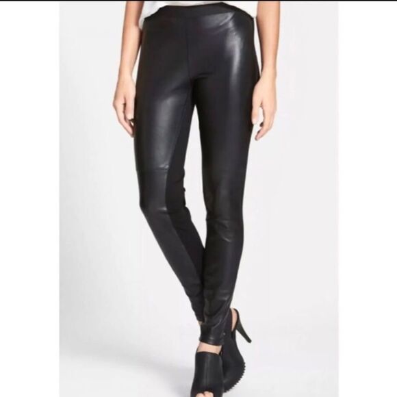 EILEEN FISHER | Genuine Leather Panel Ponte Knit Black Pants Women’s Size Small - Picture 2 of 11